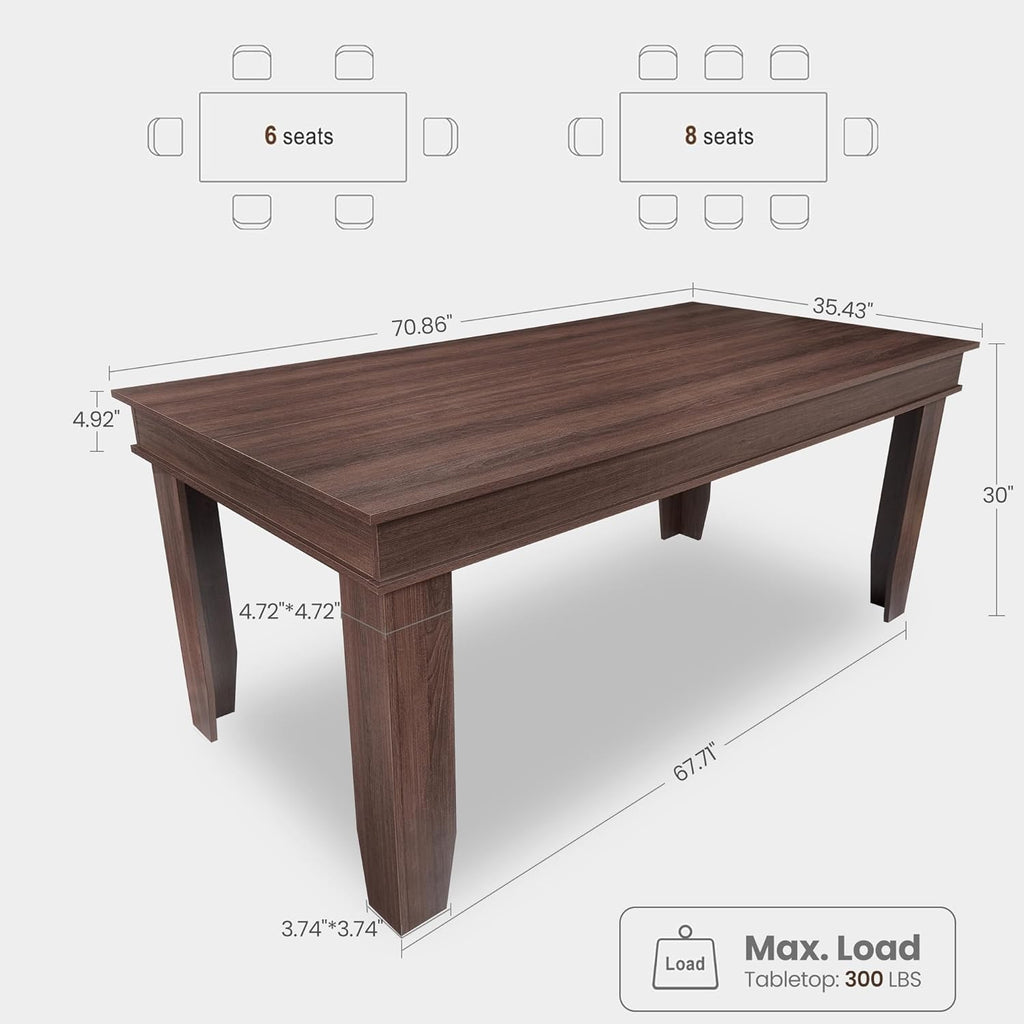 Farmhouse Dining Table for 6-8 People, 71 in Long Kitchen Tables with Wooden Sturdy Frame, 6 ft Large Rectangular Dinner Table for Dining Room, Kitchen (Brown, 71" Non-extendable)