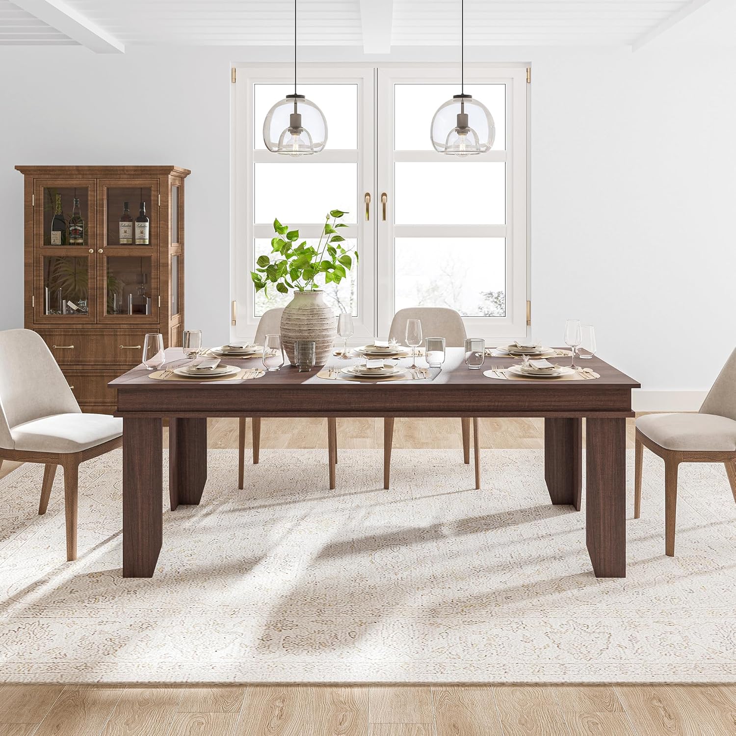 Farmhouse Dining Table for 6-8 People, 71 in Long Kitchen Tables with Wooden Sturdy Frame, 6 ft Large Rectangular Dinner Table for Dining Room, Kitchen (Brown, 71" Non-extendable)